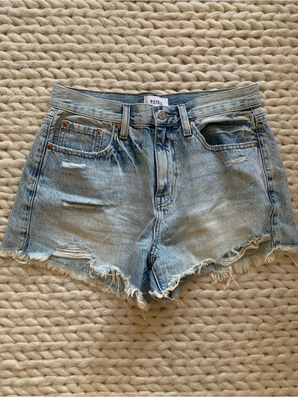pistola Light Blue Distressed Frayed Hem Denim Shorts